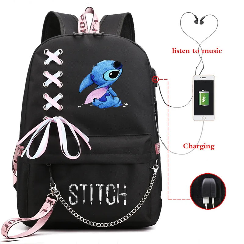 

Cute Cartoon Anime Printing Primary School Backpack USB Iron Chain Girls' Ribbon Schoolbag Student School Bag Stitch School Bags