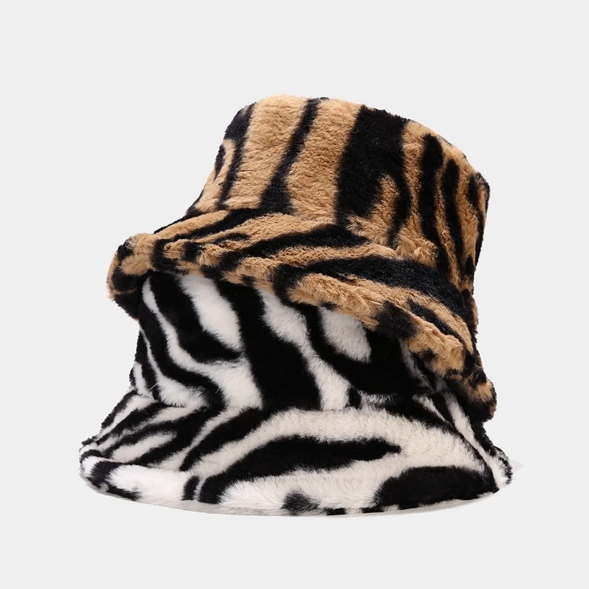 

Winter Zebra Printed Faux Fur Fluffy Bucket Hats Women Outdoor Warm Sun Hat Soft Velvet Furry Fisherman Hat Girl Fashion Panama