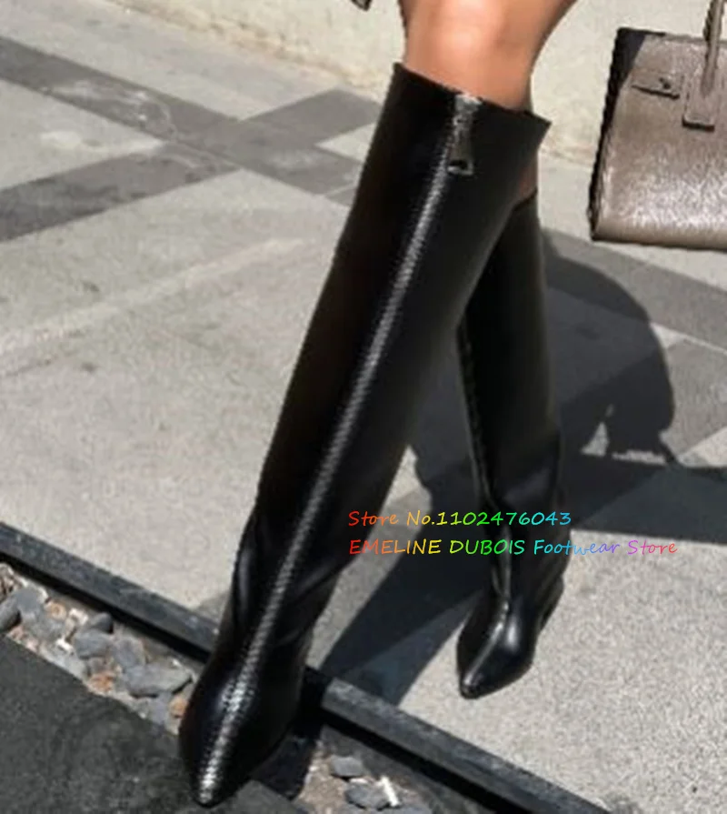 Длинные сапоги до колена на каблуке с молнией спереди женские кожаные ботинки