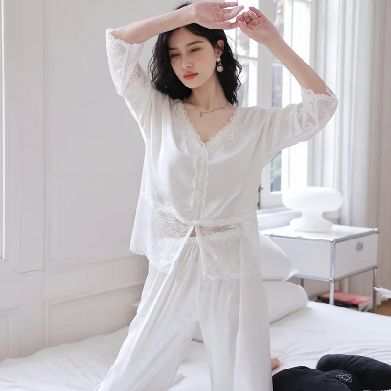 

Белый пижамный комплект, Женская кружевная одежда для сна Laepl, атласное нижнее белье, домашняя одежда, Летние повседневные ночные рубашки с длинным рукавом, Пижамный костюм для сна