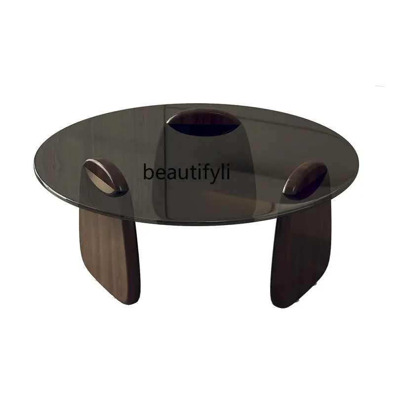 

zq Italian Gray Glass Size round Tea Table Log Small Apartment Meter Solid Wood Tea Table Combination