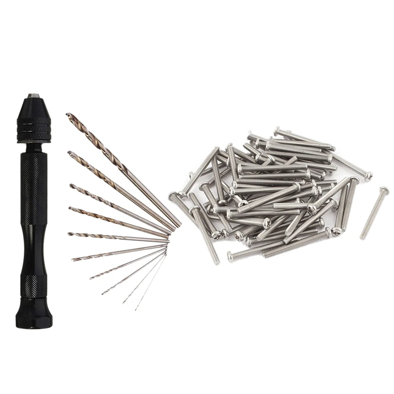 

60Pcs M3 X 30Mm 304 Stainless Steel Phillips Pan Head Screws Bolt &1 Set Mini Aluminum Hand Drill With Keyless Chuck +10X Twist
