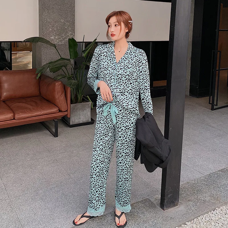 FALLINLAOE Leopard Print Women Pajama Set Ice Silk Soft Touch Spring and Autumn Long Sleeve Suit Pyjamas