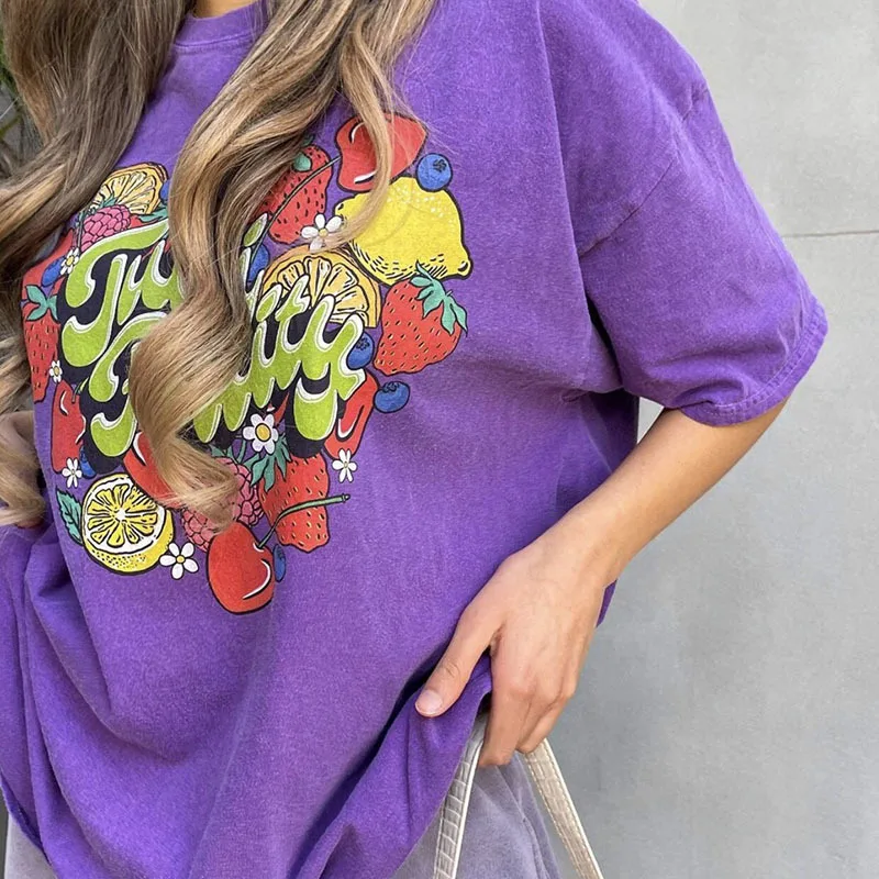 

INS Cartoon T Shirts for Girls Cotton Purple Loose Round Neck Jazz Dance Tops Elegant Woman Short Sleeve Blouses