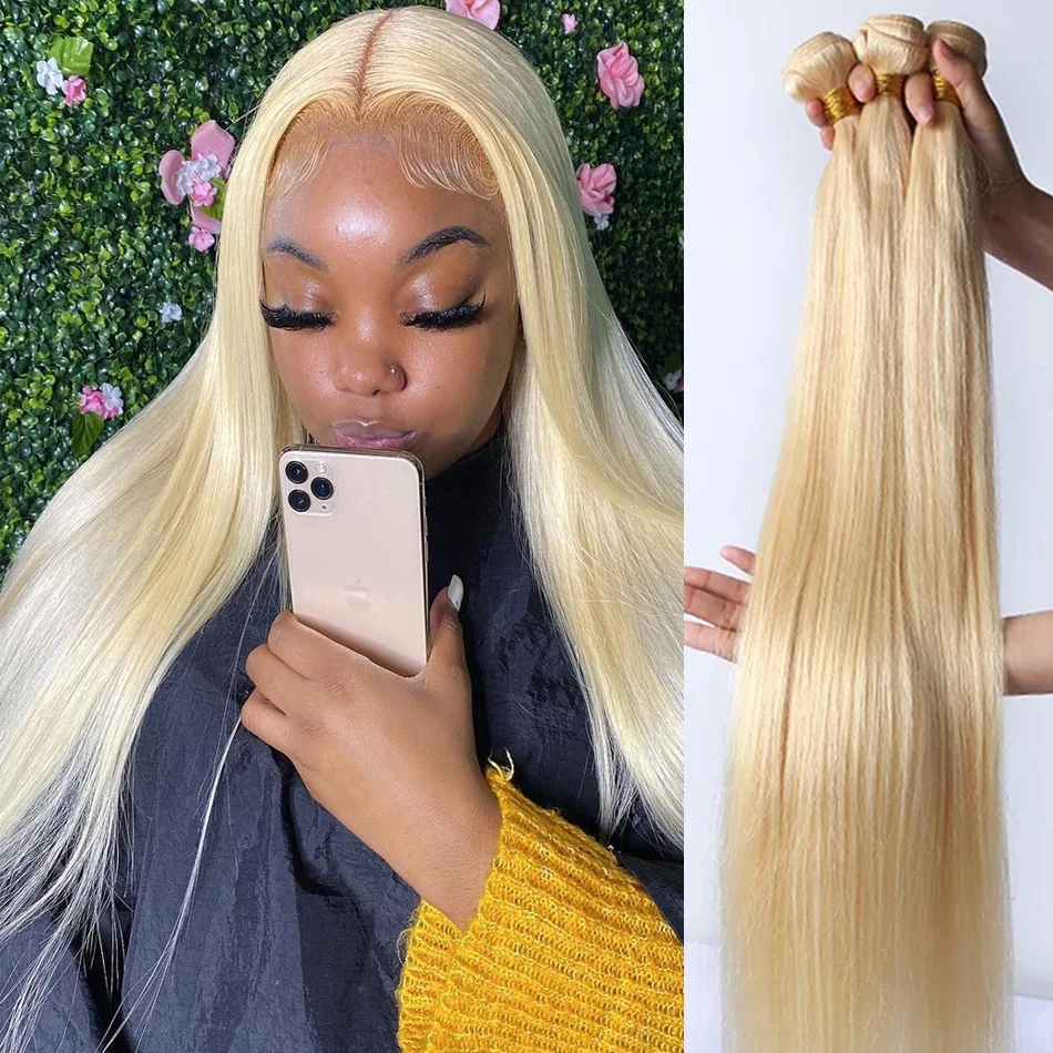 

613 Blonde Straight Brazilian Weave 26 28 30 32 Inch Honey Color 3 4 Bundles 100% Virgin Human Hair Double Drawn Weft Extensions