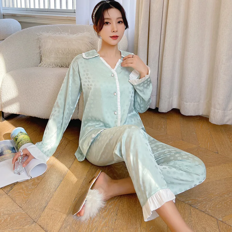 

Women's Pajamas 2023 New Ice Silk Long Sleeve Jacquard Suit Can Be Worn outside French Lapel Homewear