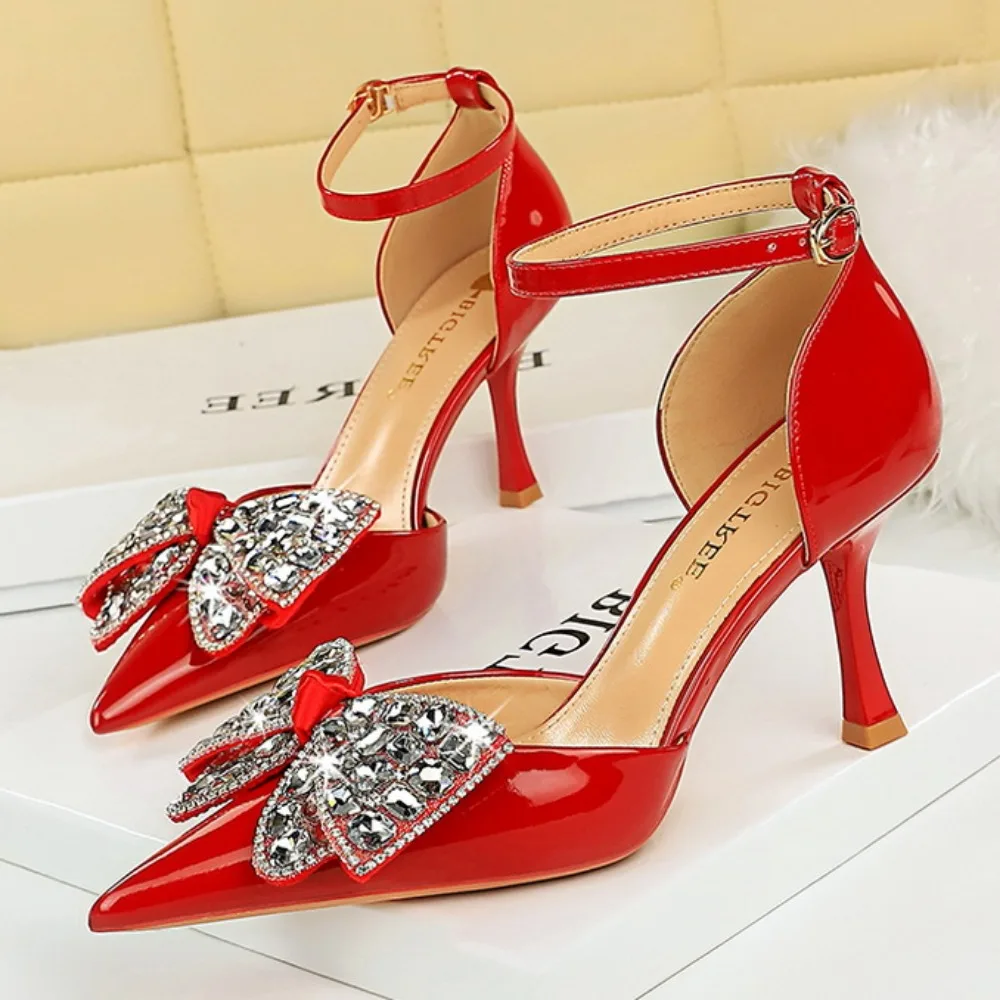 

BIGTREE Fashion Concise Wedding Party High Heels Shallow-Cut Pointy Rhinestone Party Woman Pumps Bow One-Line Strap Women Sandal