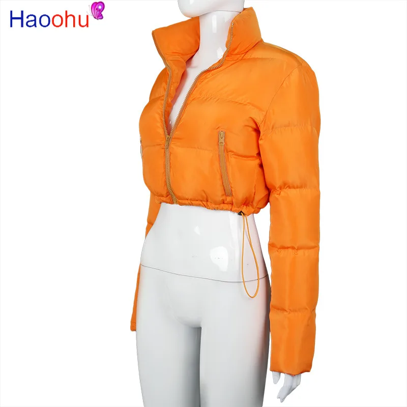 HAOOHU Crop Puff Jacket for Women Winter Clothes Warm Parka Fashion Outwear Long Sleeve Zip Thick Down Bubble Lapel Coats