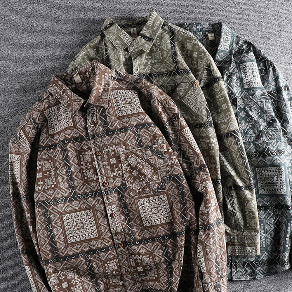 Retro Ethnic Pattern Long Sleeved Shirt For Men Japanese Style Trending Youth Man Shirts Loose Streetwear Spring Free Shipping