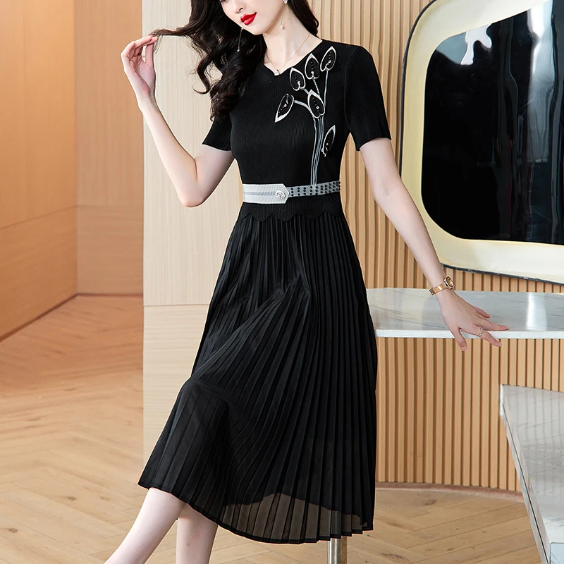 Платье миди женское Плиссированное с круглым вырезом коротким рукавом и