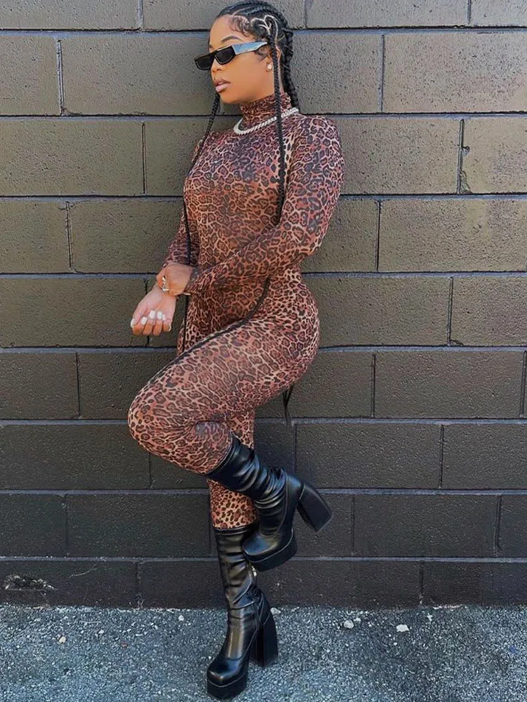 Leopard Prints Silm Casual Jumpsuit For Women Clothes Streetwear Long Sleeve Playsuit High Collar Rompers Sexy One-pieces Mujer