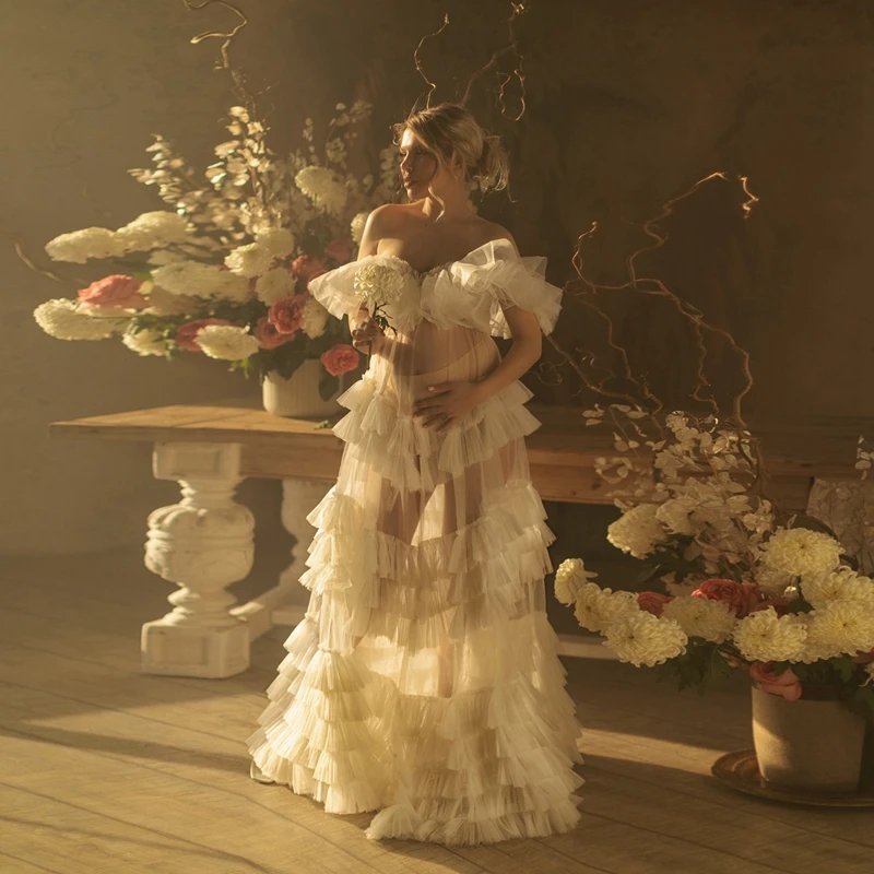 

Сексуальное Тюлевое платье для беременных с V-образным вырезом и оборками Сетчатое Многоярусное ТРАПЕЦИЕВИДНОЕ ПЛАТЬЕ для беременных женщин для фотосессии белые свадебные платья