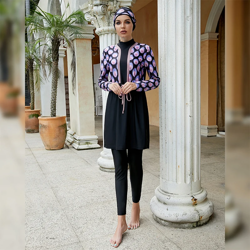

2022 New Long Sleeve Swimsuit High Waist Modest Swim Wear Printed 3 Pieces Set Muslim Hijab Swimming Costume
