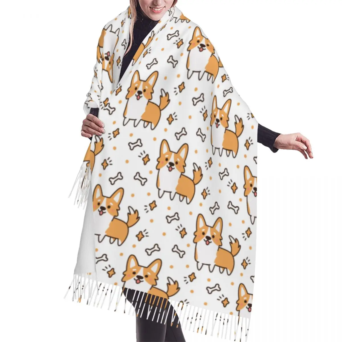 

Tassel Scarf Large Pashmina Winter Warm Shawl Wrap Bufanda Cute Dog Breed Welsh Corgi With Hearts Stars Bones Cashmere Scarves