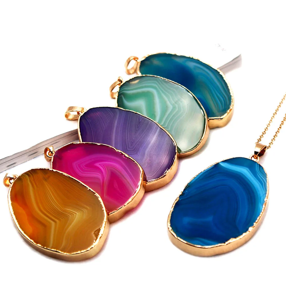 

Natural Agate Slice Gold Plated Edge Wrapped Pendant Necklace Irregular Veins Electroplating Dyed Agates DIY Charm Women Jewelry