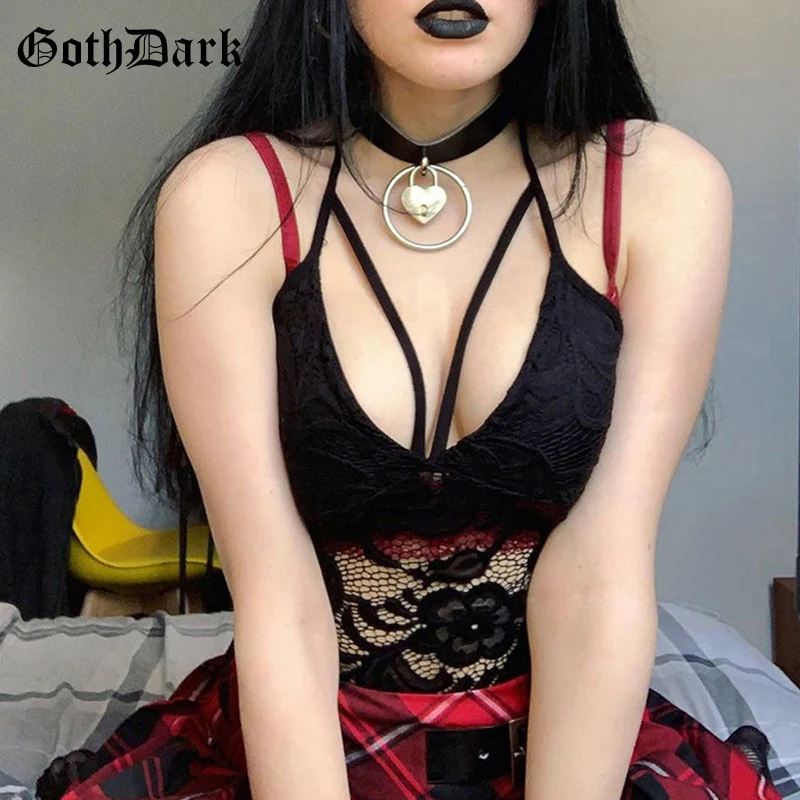 

Goth Dark Lace Sexy See Through Mall Gothic Bodysuits Women Grunge Punk Black Bodycon Alternative Clothing Patchwork Tops Summer