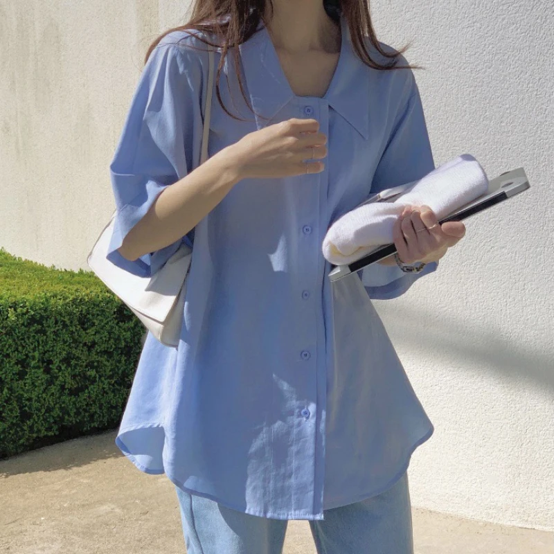 

Summer Loose Cozy Shirt Women 2022 New Female Turn-down Collar Single Breasted Blouse Short Sleeve Simple Tops
