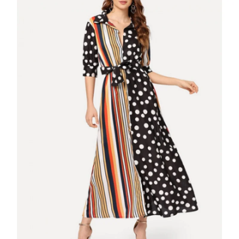 

Amazon ebayEuropean and American Style Autumn Winter Sexy Striped Polka Dot Color Matching Mid-Sleeve Dress Women's Fashion