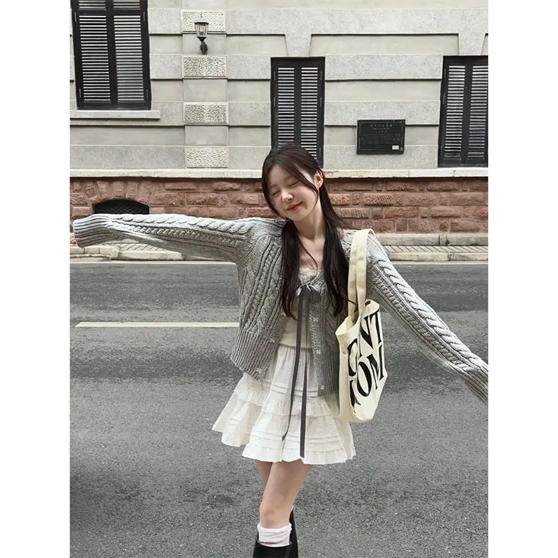 Корейские модные серые кардиганы для женщин милая бандажная кокетка с бантом