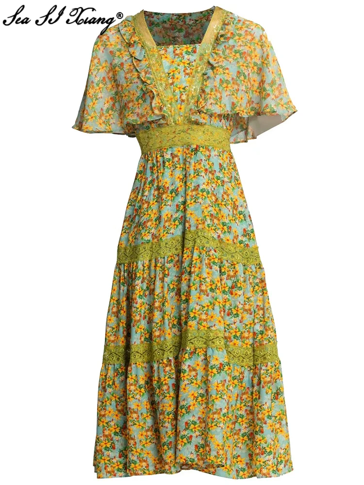 

Seasixiang Fashion Designer Summer Dress Women Square Collar Butterfly Sleeve Lace Patchwork Flowers Print Vintage Dresses