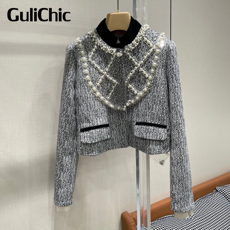 

10.29 GuliChic Women Temperament Patchwork Velvet Stand Collar Pearls Diamonds Argyle Casual Short Tweed Jacket