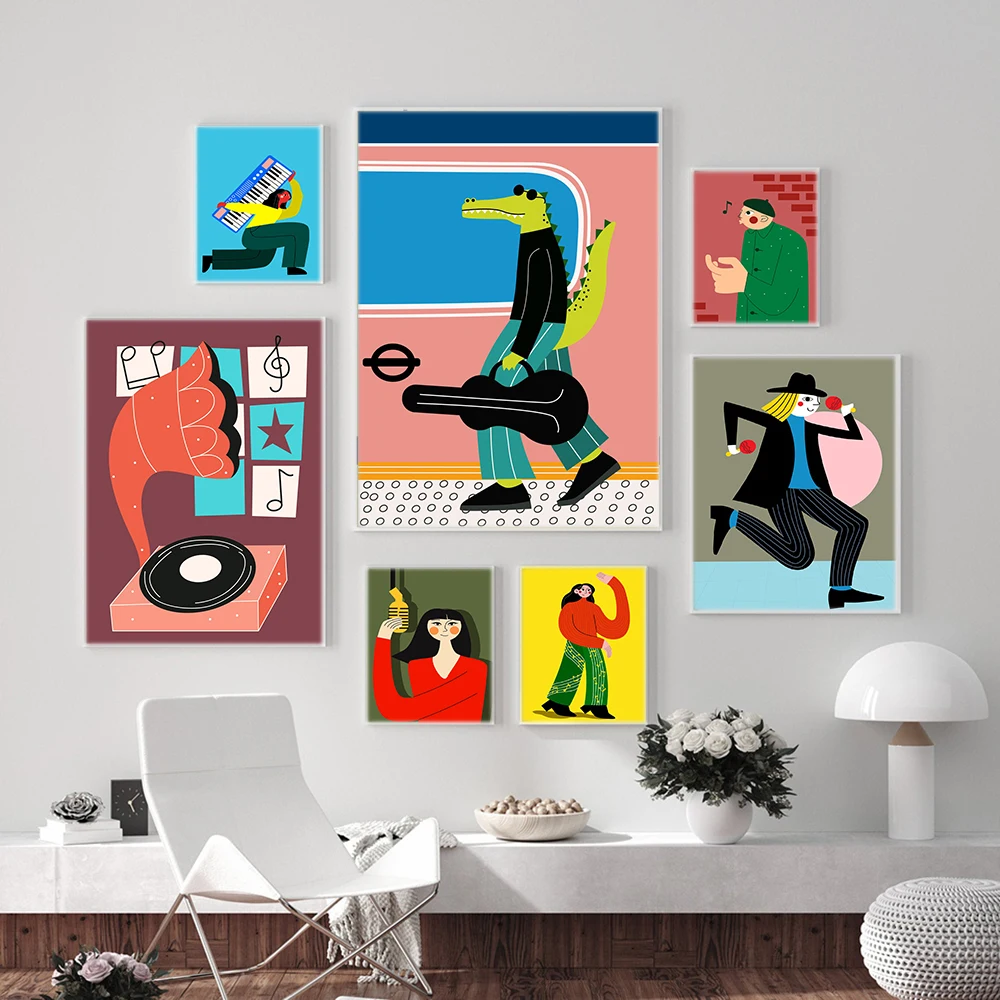 

Забавный мультяшный пианино свисток девушка цветной плакат настенный художественный принт абстрактная игра гитара виниловый музыкальный ...