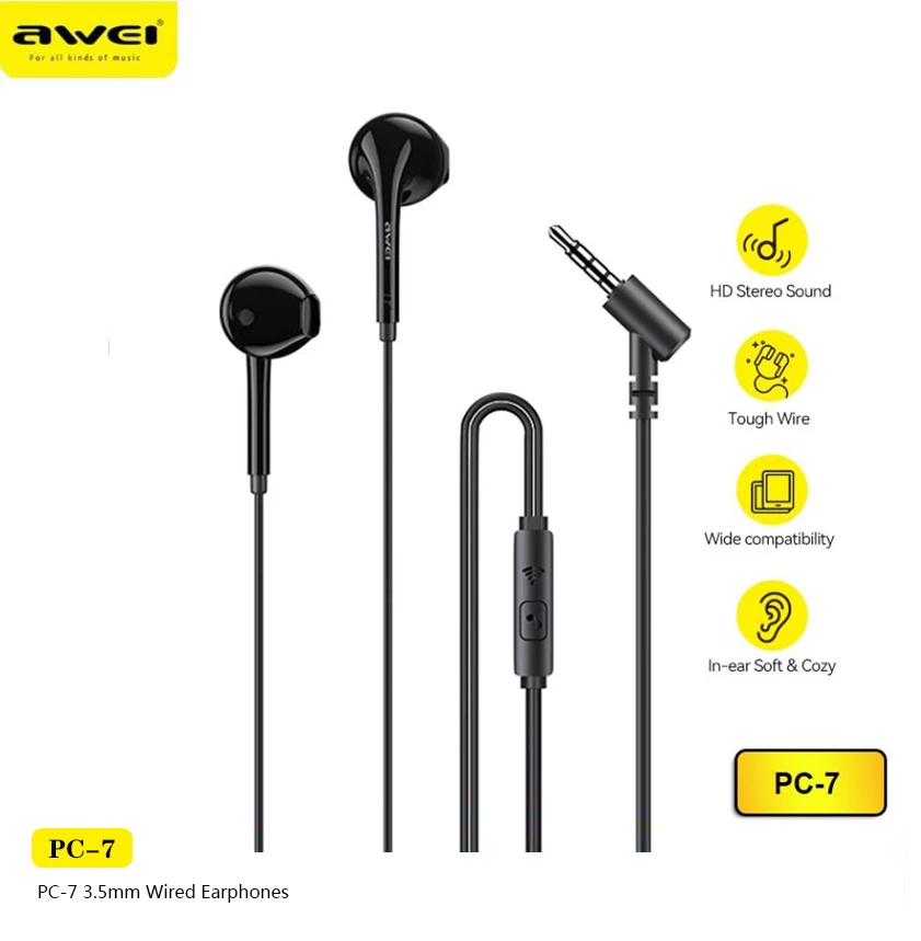 

Awei PC-7 3.5mm Stereo In-Ear Headphones Sport Music Earbud Handfree Wired Headset Earphones with Mic For Xiaomi Huawei Samsung