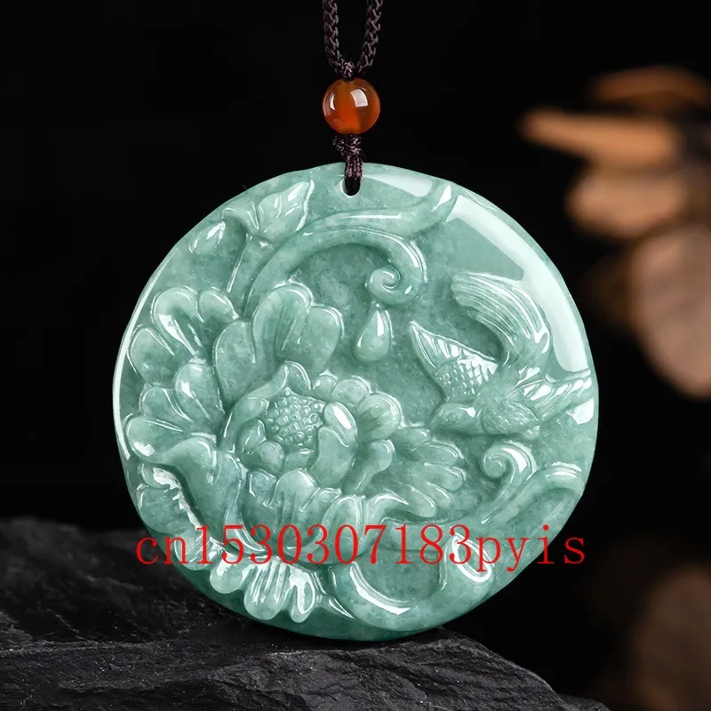 

Natural Burmese Emerald Jade Peony Flower Pendant Necklace Chinese Carved Jadeite Fashion Charm Jewelry Amulet Gifts for Women