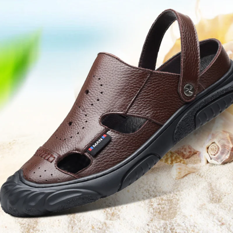 Summer breathable package head men's leather sandals hand-sewn shoes Genuine Leather dad shoes cave shoes images - 6