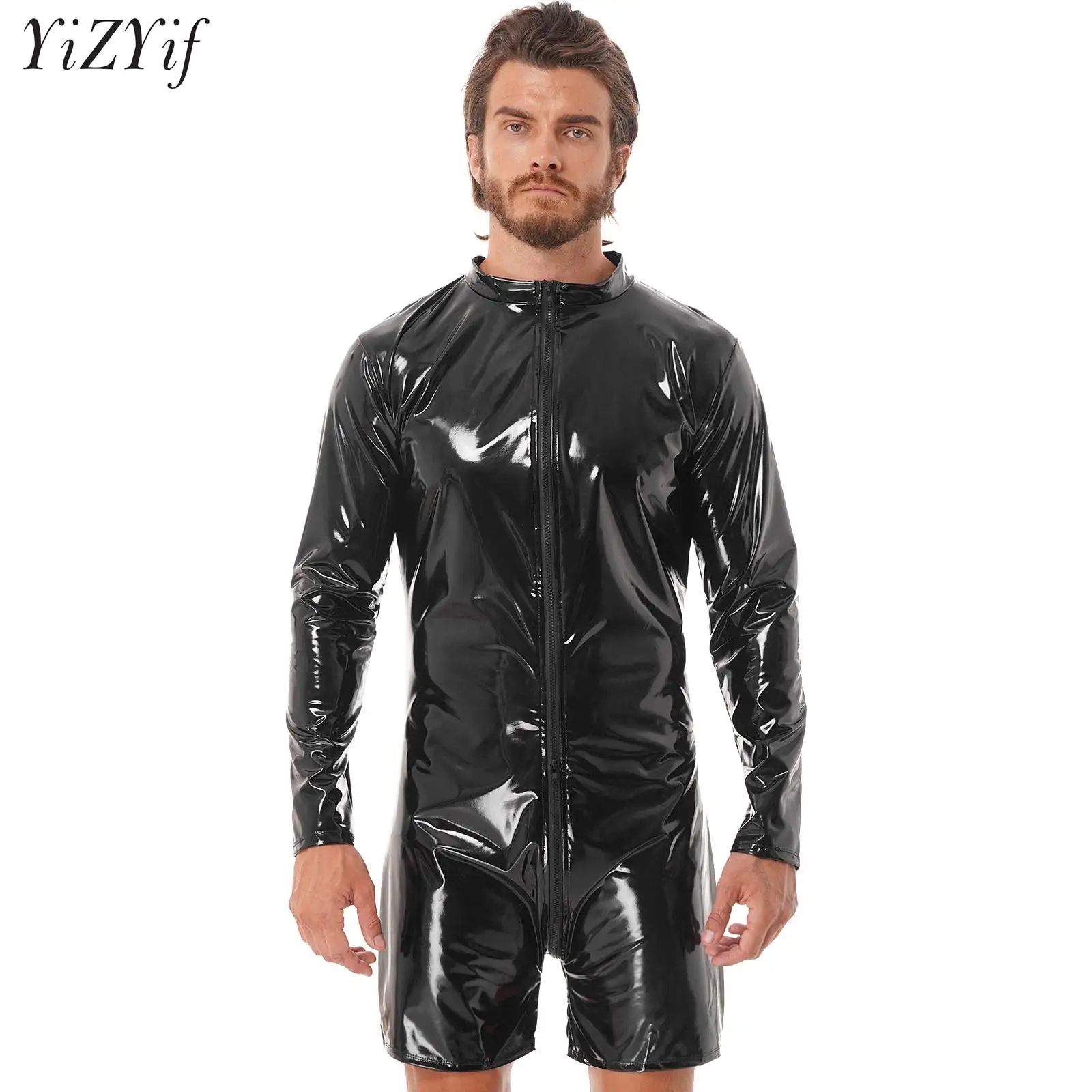 

Мужской комбинезон из лакированной кожи, с длинным рукавом и ложным воротником, на молнии спереди