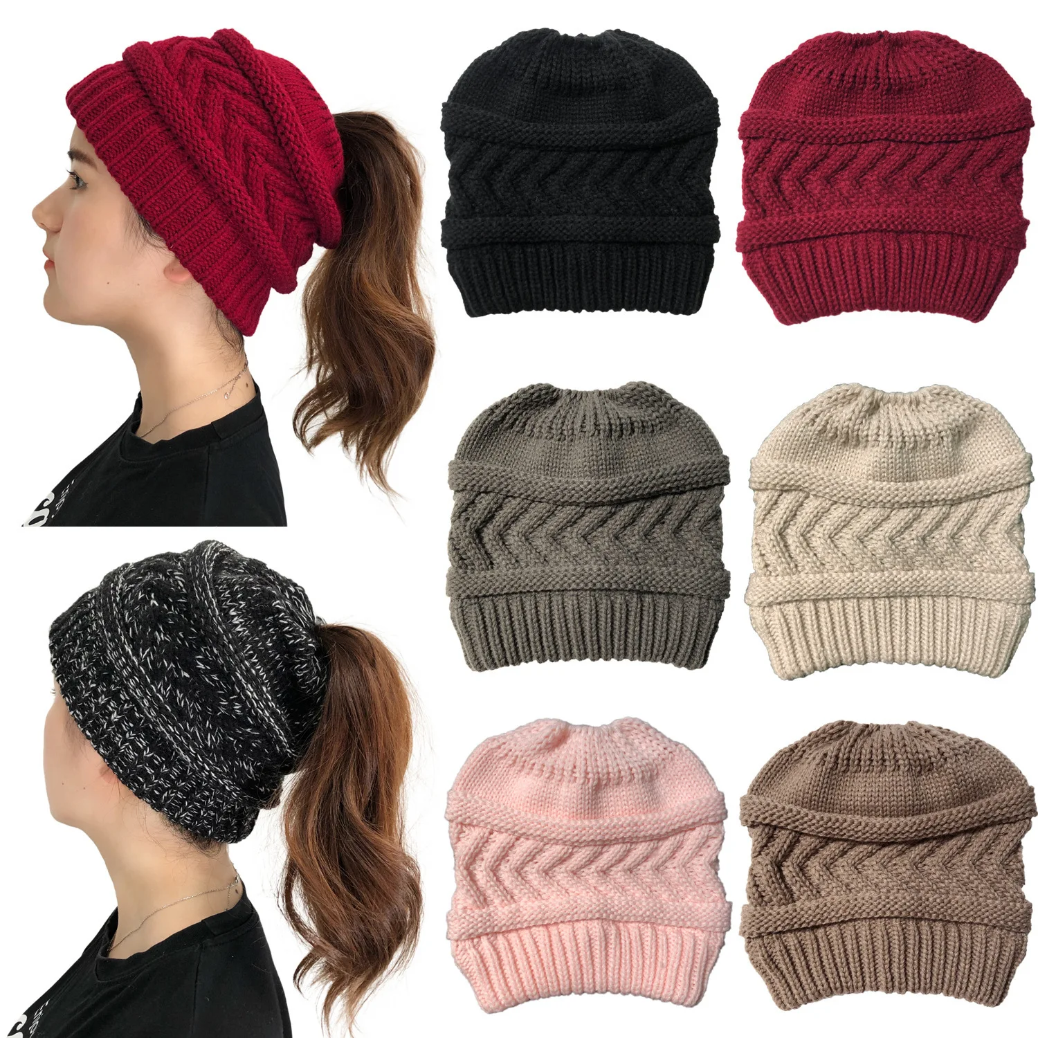 

2022 Fall Winter Ladies Ponytail Knit Sweater Hat Stretch Cap Adjustable Outdoor Warm Cotton Hat Beanie Skull Hat Beanie Hat