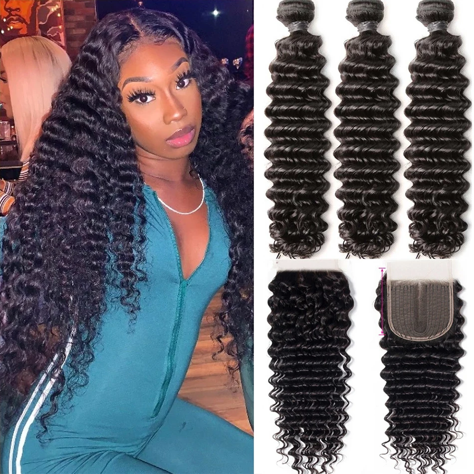 

Tissage Deep Wave Bundles With Closure Brazilian Water Wave Bundles With Closure Kinky Curly Human Bundles With Closure Remy 12A