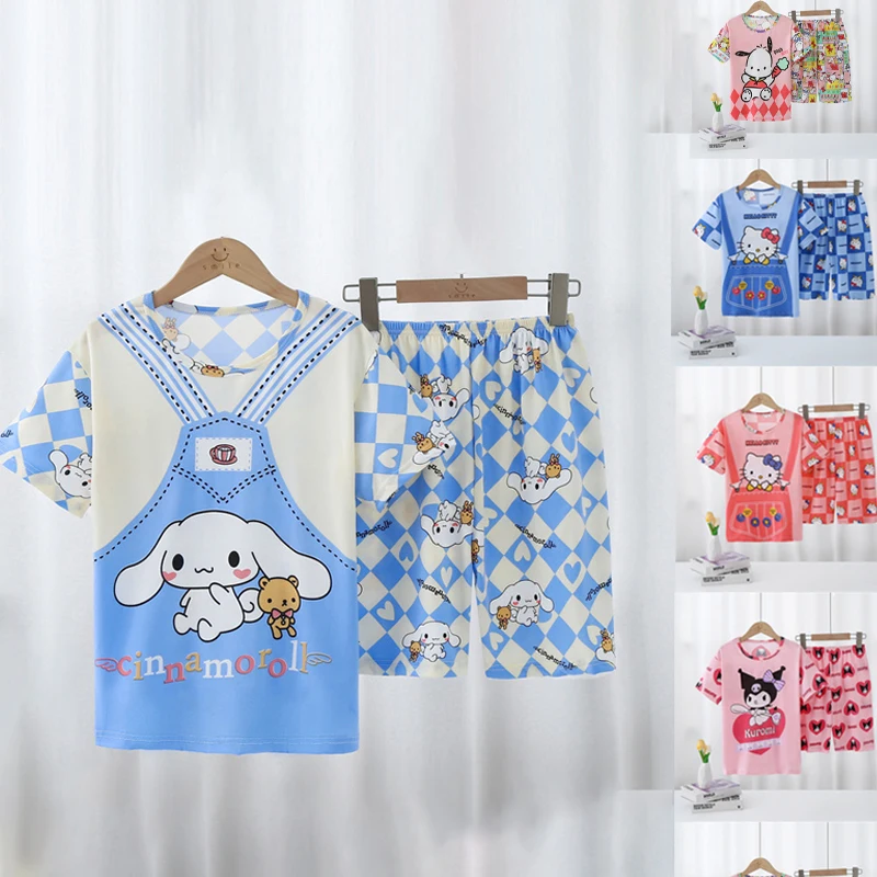 

Sanrios аниме Kawaii Cinnamoroll Kuromi Hello Kitty детские пижамы мультфильм милый летний комплект с коротким рукавом пижамы молочный шелк домашняя одежда