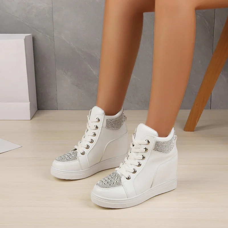 

Women Wedge Platform Rubber Brogue Leather Lace Up High Heel Shoes Pointed Toe Increasing Creepers White Silver Sneakers EU35-43