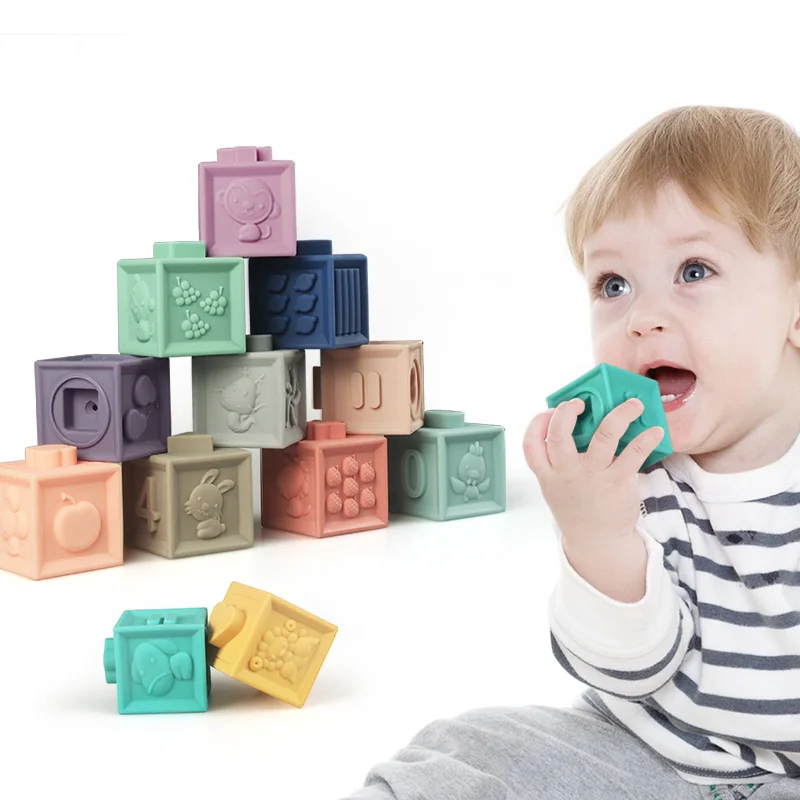 

Montessori Baby Blocks Toys for Newborns 0 12 Months Silicone Soft Cubes for Kids 2 to 4 Year Stacking Bath Toy Teethers Rattles