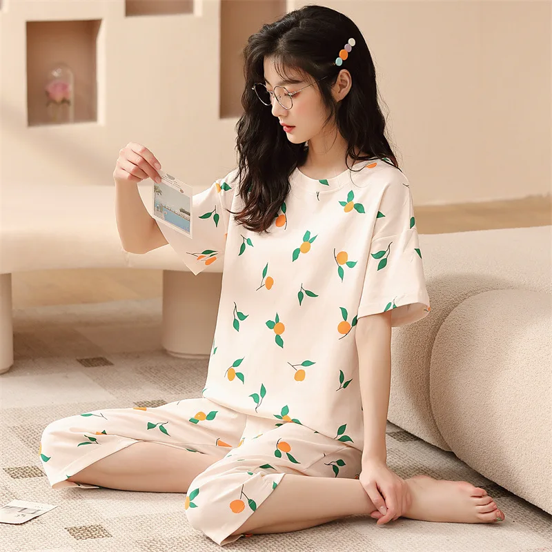 Short-sleeved pajamas women's summer cotton seven-part pants women's loungewear sets can be worn outside two-piece