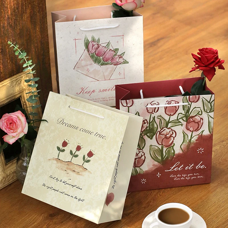 

4 Designs Art Paper Rose Gift Bag Perfect Wrap For Stationeries Stickers Planners Crafts