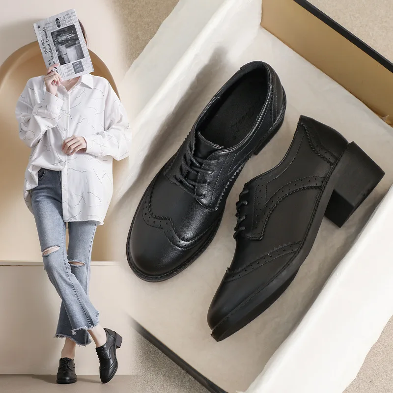 Black High Heel Lace Up Soft Soled Female Student Loafers Women Slip-on Shoe Work Slip Shoes Ladies Shoes Womens Shoes