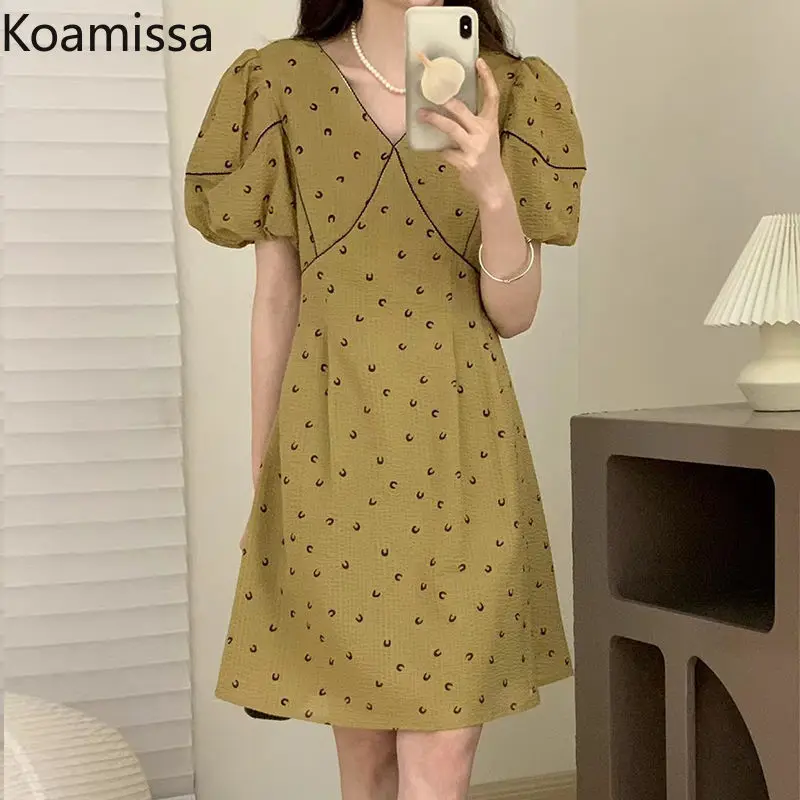 

Koamissa Sweet Peter Pan Collar Women Blouse Puff Sleeves Loose Print Student Dresses 2022 Summer Korean Slim Bodycon Vestidos
