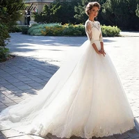 elegant white o neck ball gown women illusion vintage wedding dresses lace appliques half sleeves court train bride gowns 2022