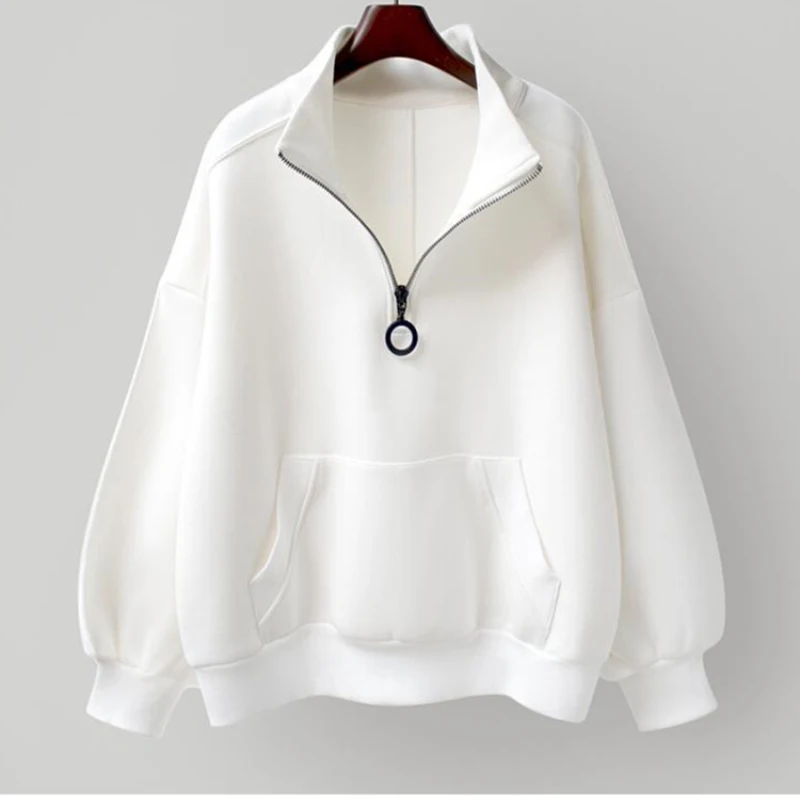 Pullover Women Sweatshirt  Fall Casual Black Fashion Zipper Loose Long Sleeve Harajuku White Ladies Solid White Thin Coats