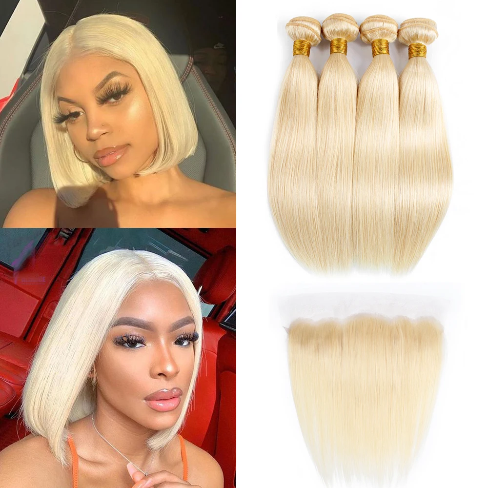 613 Platinum Blonde Bundles with Frontal 4x13 Transparent Lace Straight Remy Human Hair Short Bob Style BOBBI COLLECTION