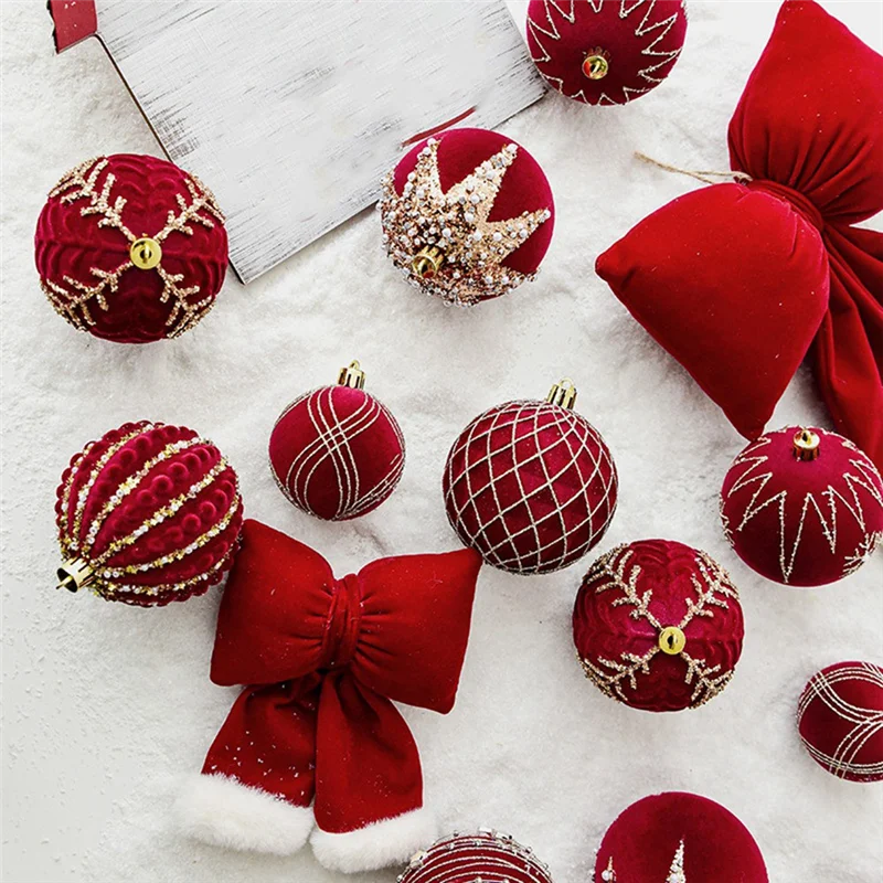 Фото PZHI-Рождественские шары, украшения, винно-красные флокированные украшения для рождественской елки, новогодние рождественские сферы №3