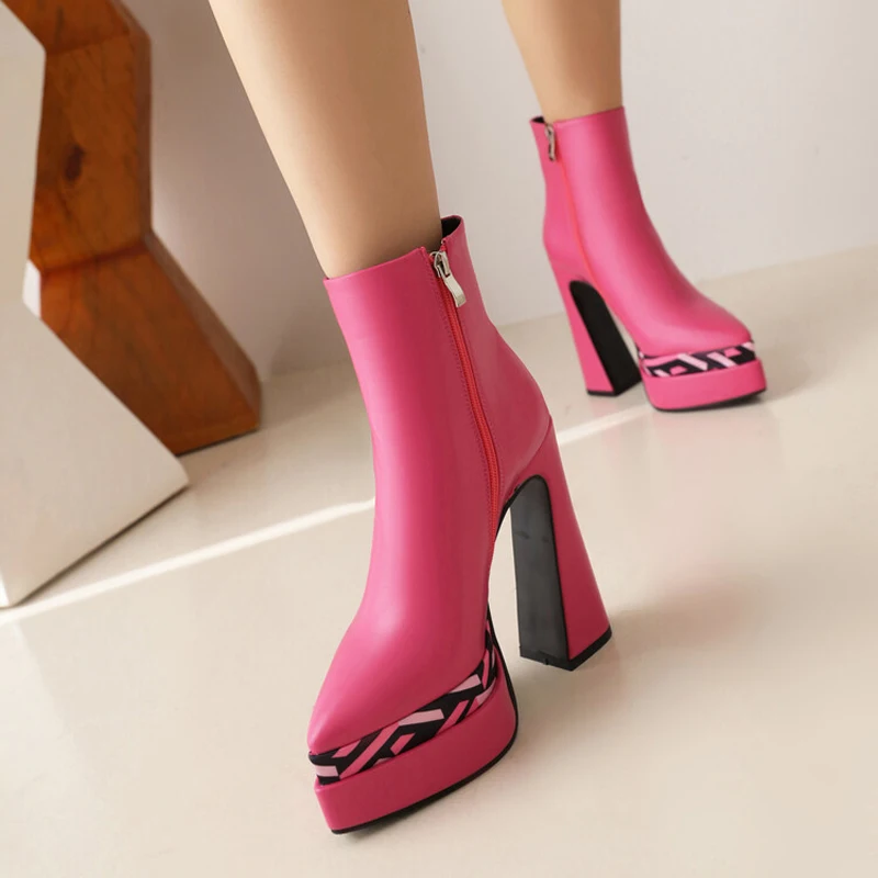 

Candy Color Bright Patent Leather Women's Ankle Boots Thick High Heel Platform Short Booties Pointed Toe Sexy Party Shoes