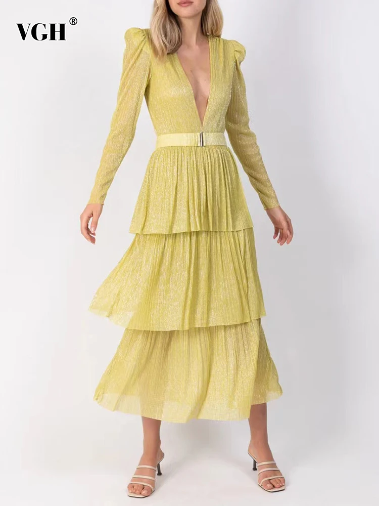 

VGH Elegant Solid Dresses Female Deep V Neck Long Sleeve Patchwork Ruffle Trim Lace Up High Waist Dress For Woman 2022 Clothing