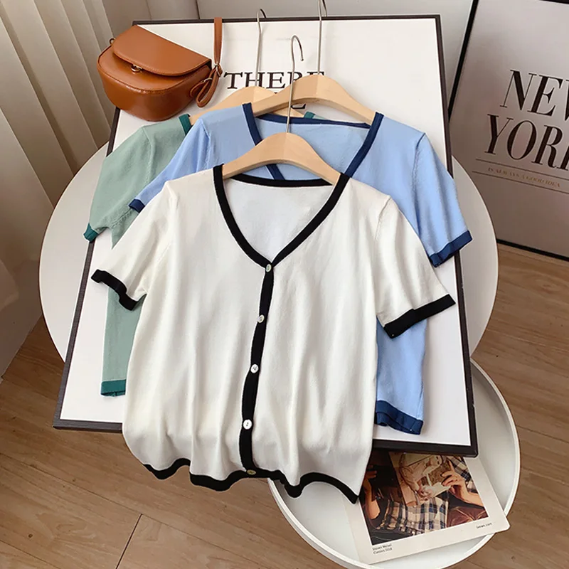 EBAIHUI Summer Short Sleeve Patchwork T-Shirts Women Ice Silk Knitted Basic Crop Top Cozy Female Tee 2022 Solid Short Polo Shirt