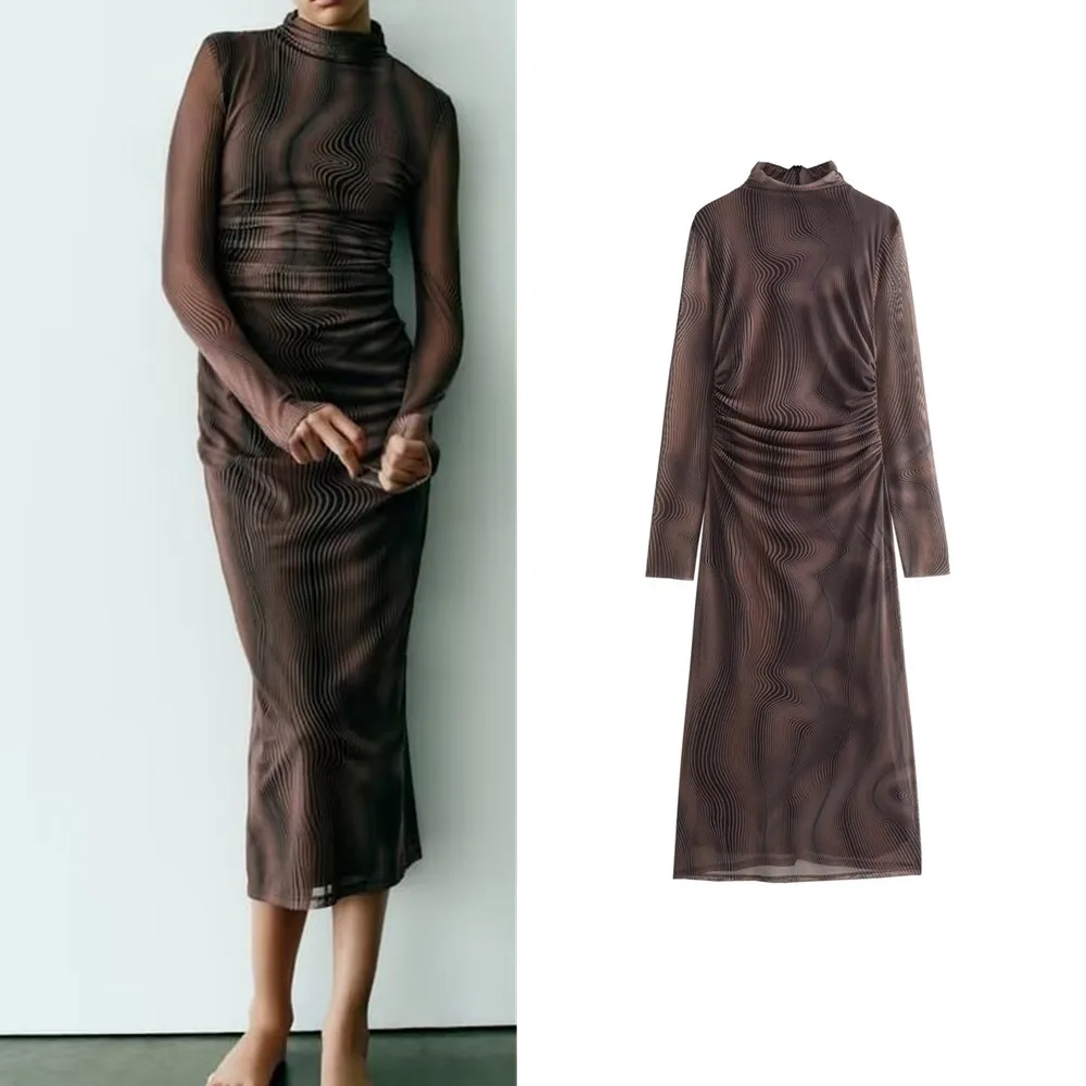 

Autumn new Maillard fashion lady trendy women's fit French high collar printed tulle long-sleeved dress 8662465