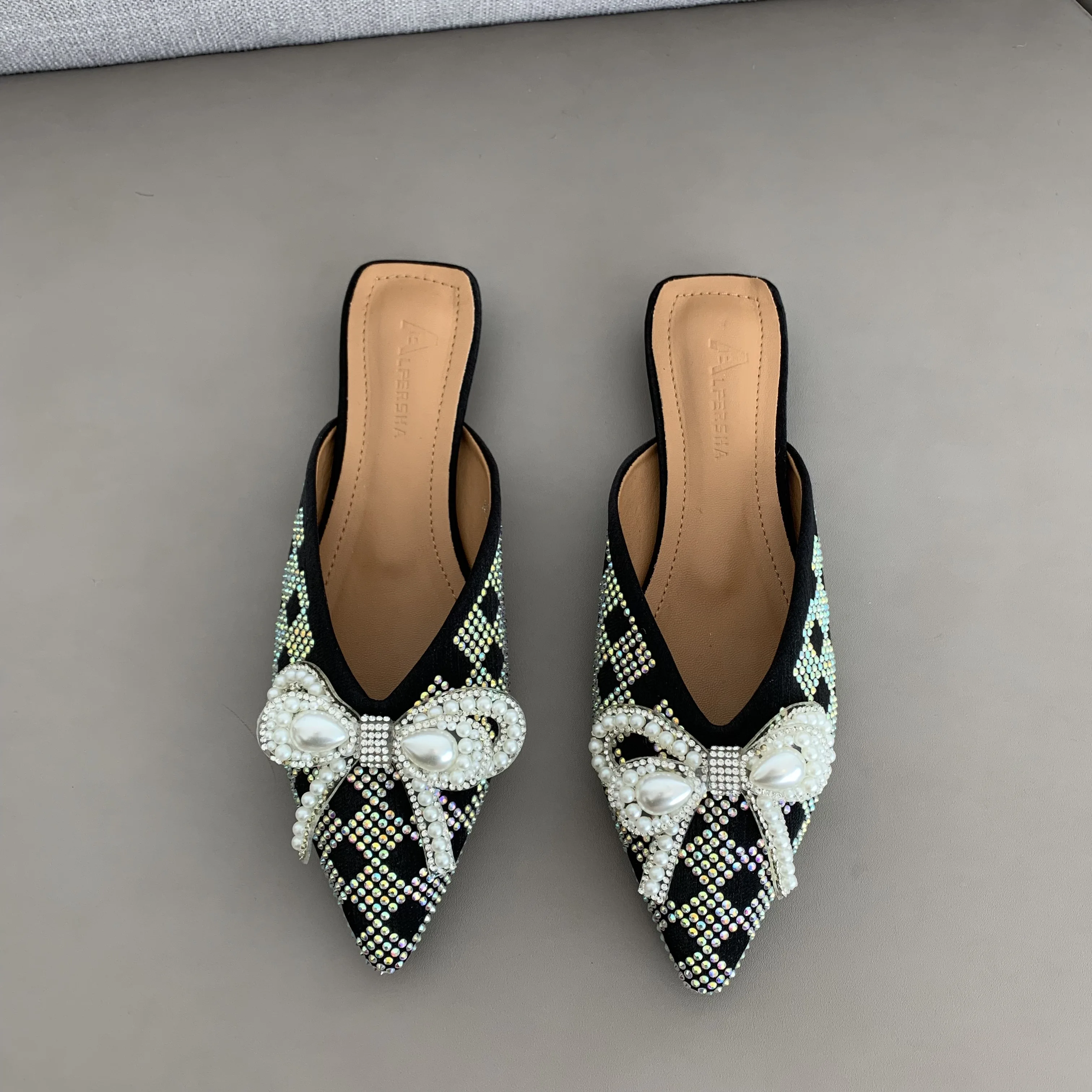 

Women Mules Summer Slippers Luxury Flats Fashion Loafers Designer Shoes Soft Pointed Toe Slides Slip on Bow Knot Ladies Sandals