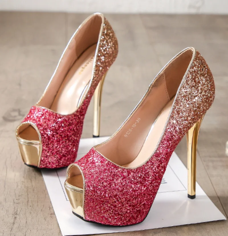 

Women Pumps Fashion Spring Autumn Slip-On Peep Toe Sequined Cloth 14CM Thin Heels Platform Classics Wedding Women Shoes Golden