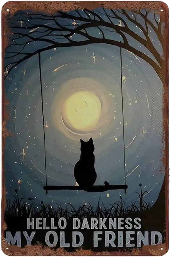 Vntge Wll Decor Metl Плакат Plque Blck Ct Hello Drkness My Old Frend ron Pntng Nostlgc Tn Sgn для домашнего Cofe Ktc